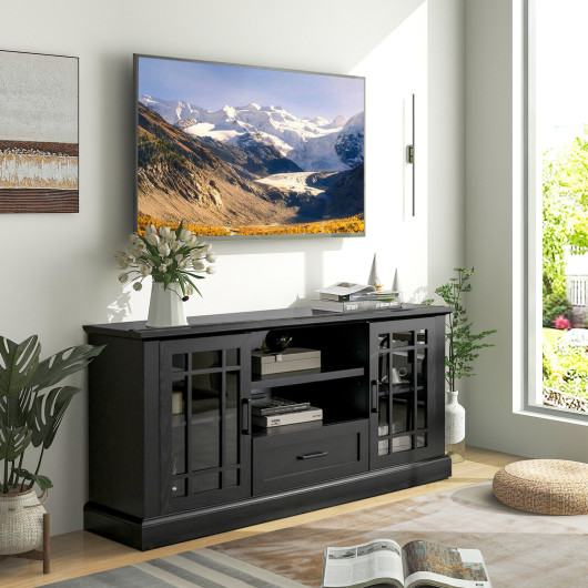 Modern TV Stand with Glass Doors, Drawer, and Adjustable Shelves
