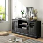 Modern TV Stand with Glass Doors, Drawer, and Adjustable Shelves