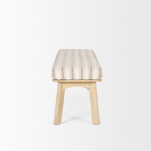 Taimo White Washed Light Brown Wood w Striped Fabric Seat Bench 4