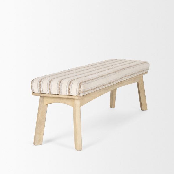 Taimo White Washed Light Brown Wood w Striped Fabric Seat Bench 5