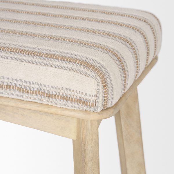 Taimo White Washed Light Brown Wood w Striped Fabric Seat Bench 7