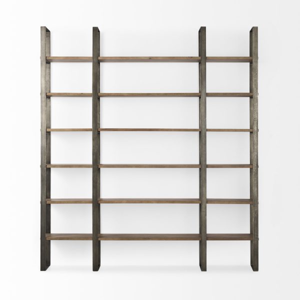 Taunton 80L x 10.5W x 90H Medium Brown Wood W Antique Nickel Metal Frame 6 Tier Shelving Unit 4