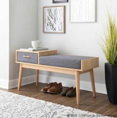 Telephone Contemporary Natural Wood and Grey Fabric Bench