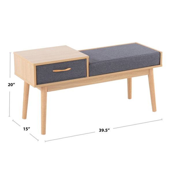 Telephone Contemporary Natural Wood and Grey Fabric Bench 7