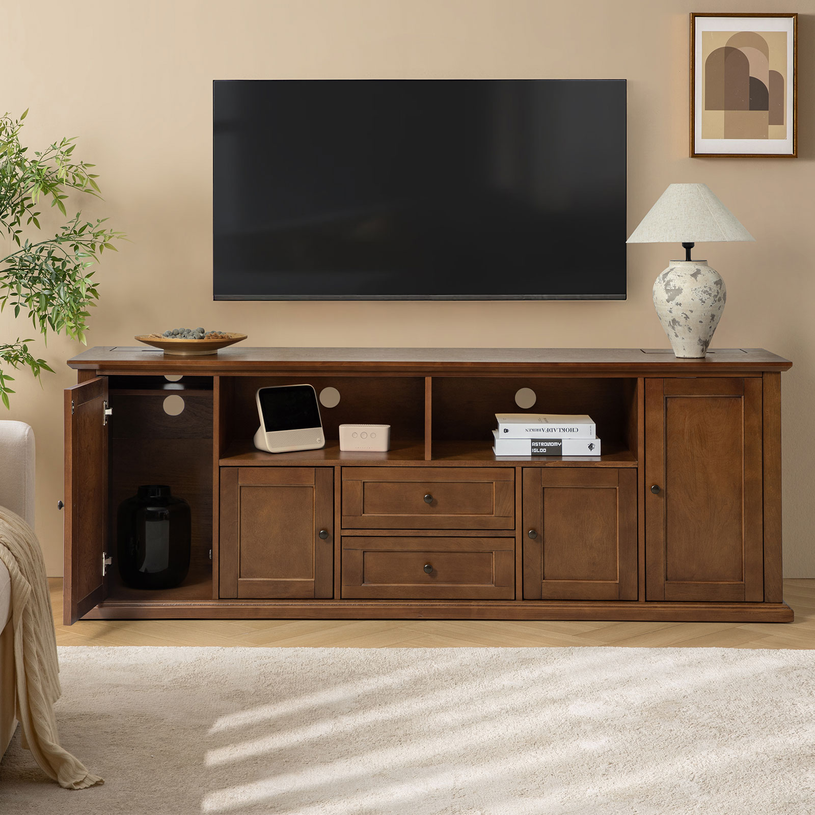 Tessa Walnut 72 Inch LED Lighted TV Stand with Charging 2 Tessa Walnut 72 Inch LED Lighted TV Stand with Charging - Image 2
