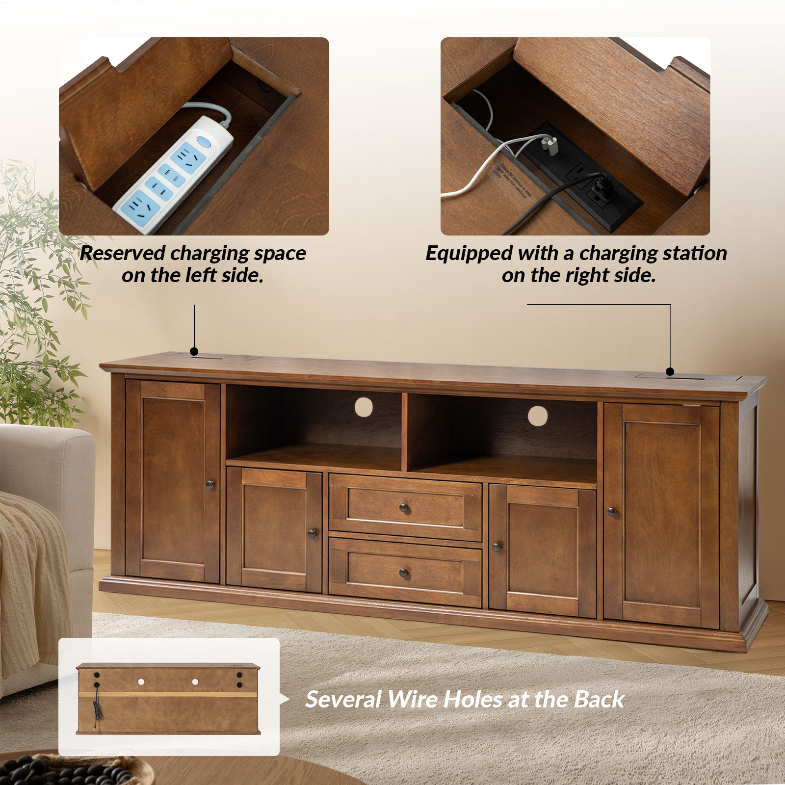 Tessa Walnut 72 Inch LED Lighted TV Stand with Charging 3 Tessa Walnut 72 Inch LED Lighted TV Stand with Charging - Image 3