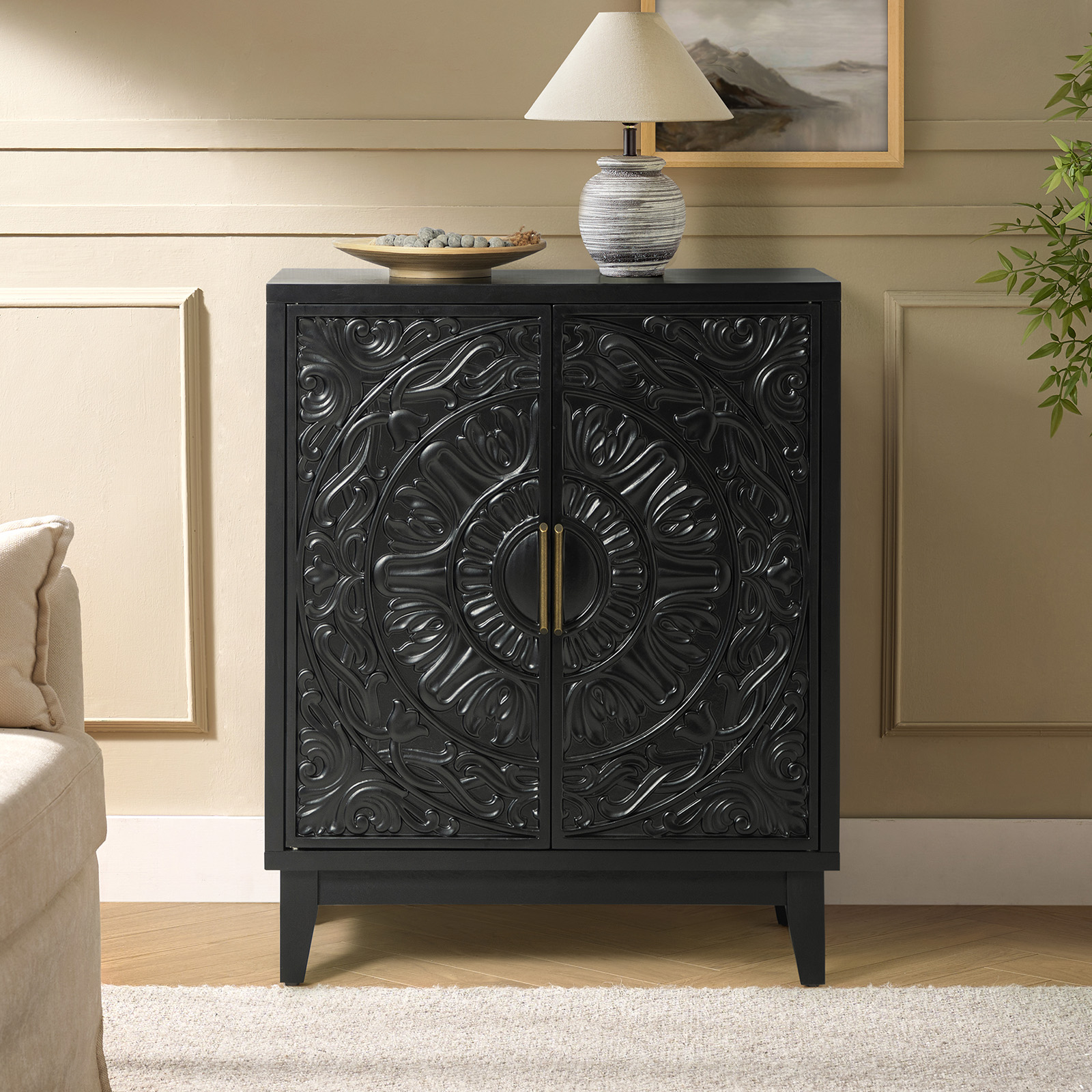 Thea Black Solid Wood Floral Carved Accent Cabinet 2 Thea Black Solid Wood Floral Carved Accent Cabinet - Image 2