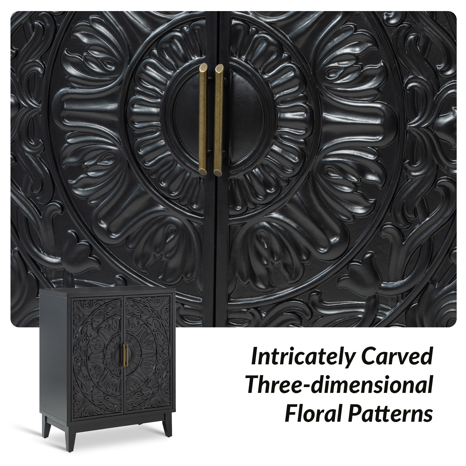 Thea Black Solid Wood Floral Carved Accent Cabinet 3 Thea Black Solid Wood Floral Carved Accent Cabinet - Image 3