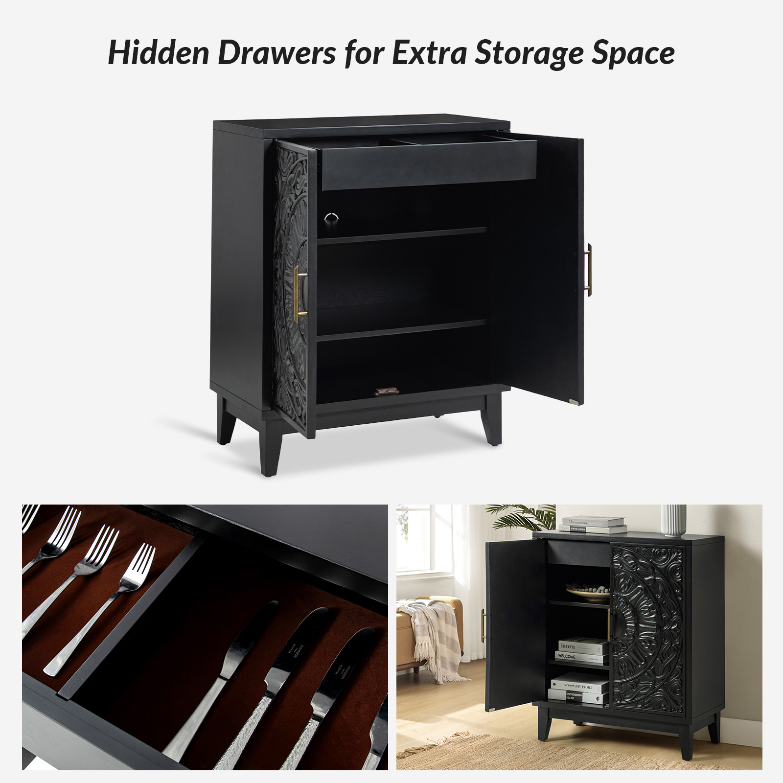 Thea Black Solid Wood Floral Carved Accent Cabinet 4 Thea Black Solid Wood Floral Carved Accent Cabinet - Image 4