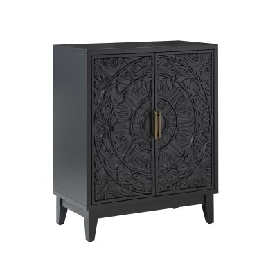 Thea Black Solid Wood Floral Carved Accent Cabinet