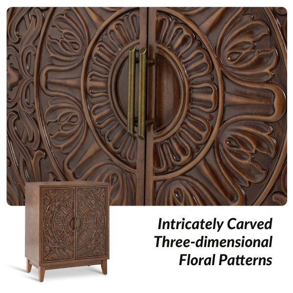 Thea Walnut Carved Floral Solid Wood Accent Cabinet 2