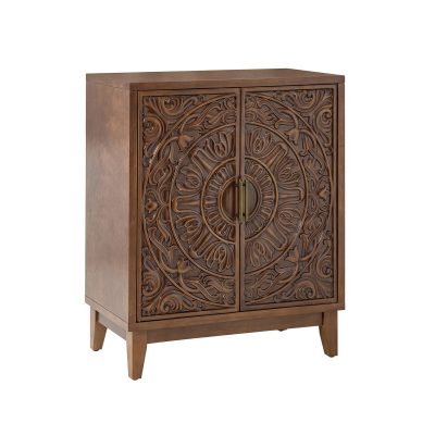 Thea Walnut Carved Floral Solid Wood Accent Cabinet