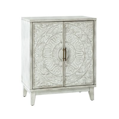 Thea White Carved Floral Accent Storage Cabinet TV Stand