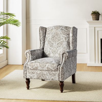 Theodor Beige Floral Wingback Nailhead Accent Chair