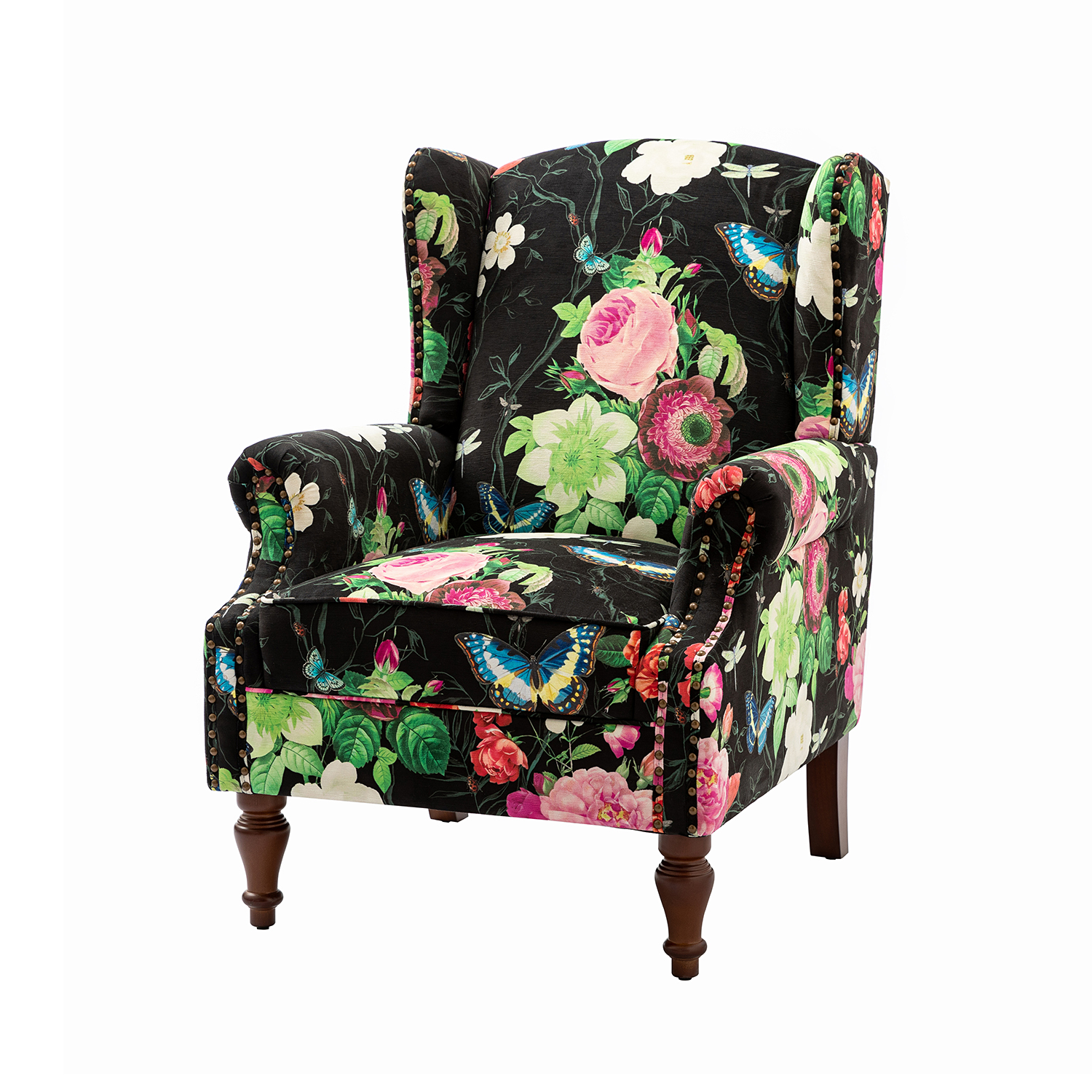 Theodor Black Floral Wingback Nailhead Accent Chair 2 Theodor Black Floral Wingback Nailhead Accent Chair - Image 2
