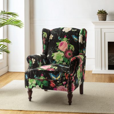 Theodor Black Floral Wingback Nailhead Accent Chair