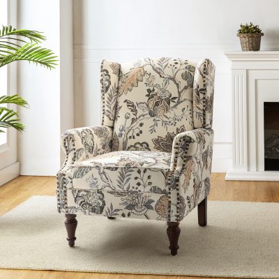 Theodor Green Floral Wingback Nailhead Accent Chair