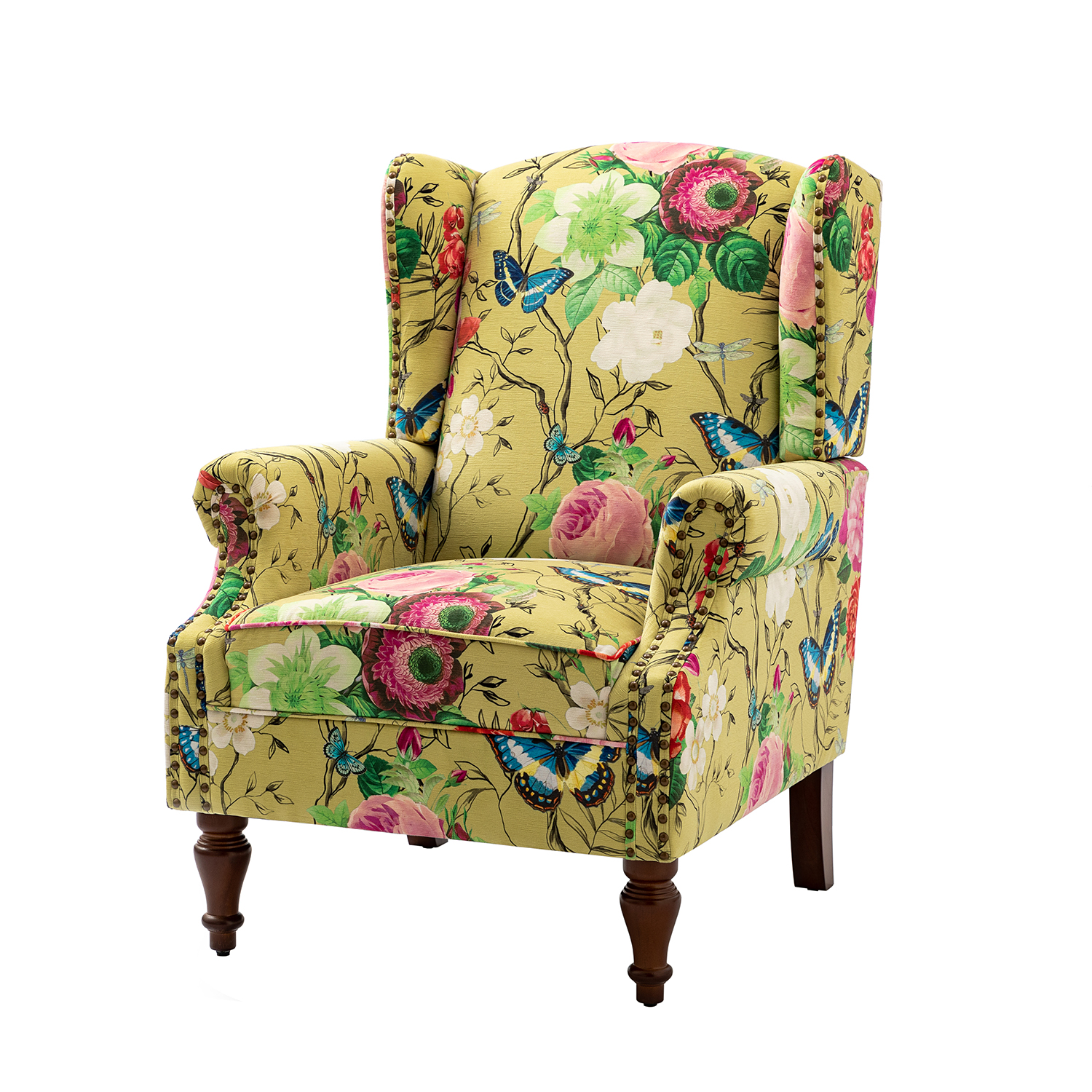 Theodor Mustard Floral Wingback Accent Chair with Nailhead Trim 2 Theodor Mustard Floral Wingback Accent Chair with Nailhead Trim - Image 2