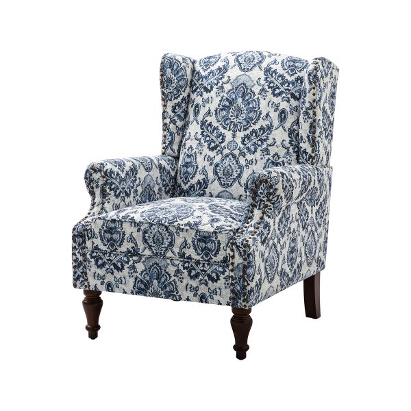 Theodor Navy Floral Wingback Accent Chair Copper Nailhead Trim 1