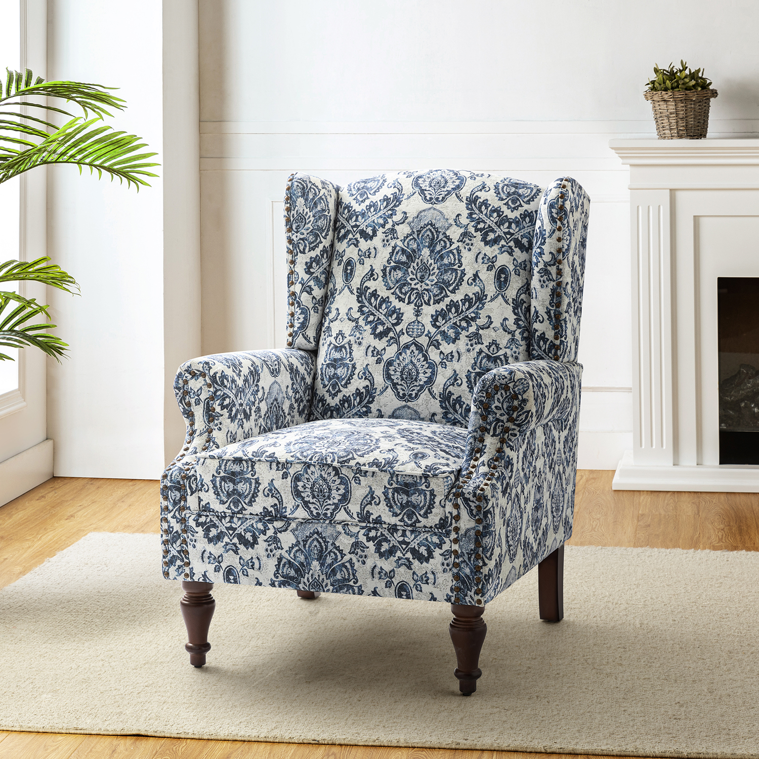 Theodor Navy Floral Wingback Accent Chair Copper Nailhead Trim 1 Theodor Navy Floral Wingback Accent Chair Copper Nailhead Trim