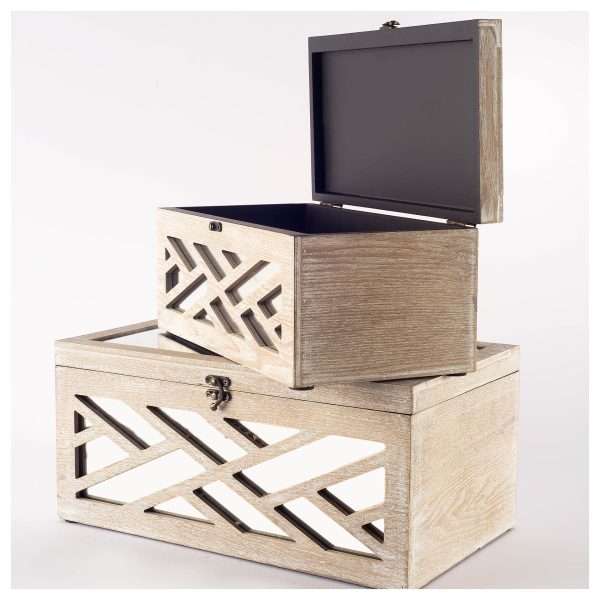 Tiffany Set of 2 Off White Wooden W Mirror Inlay Chevron Boxes 4