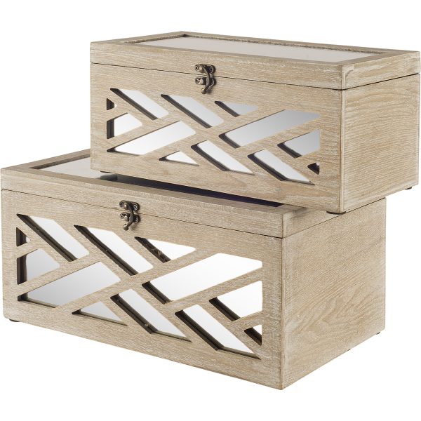 Tiffany Set of 2 Off White Wooden W Mirror Inlay Chevron Boxes