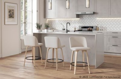 Toriano 24-Inch Contemporary Swivel Counter Stool in Natural Wood and Cream Fabric with Footrest (Set of 2) (Set of 2)