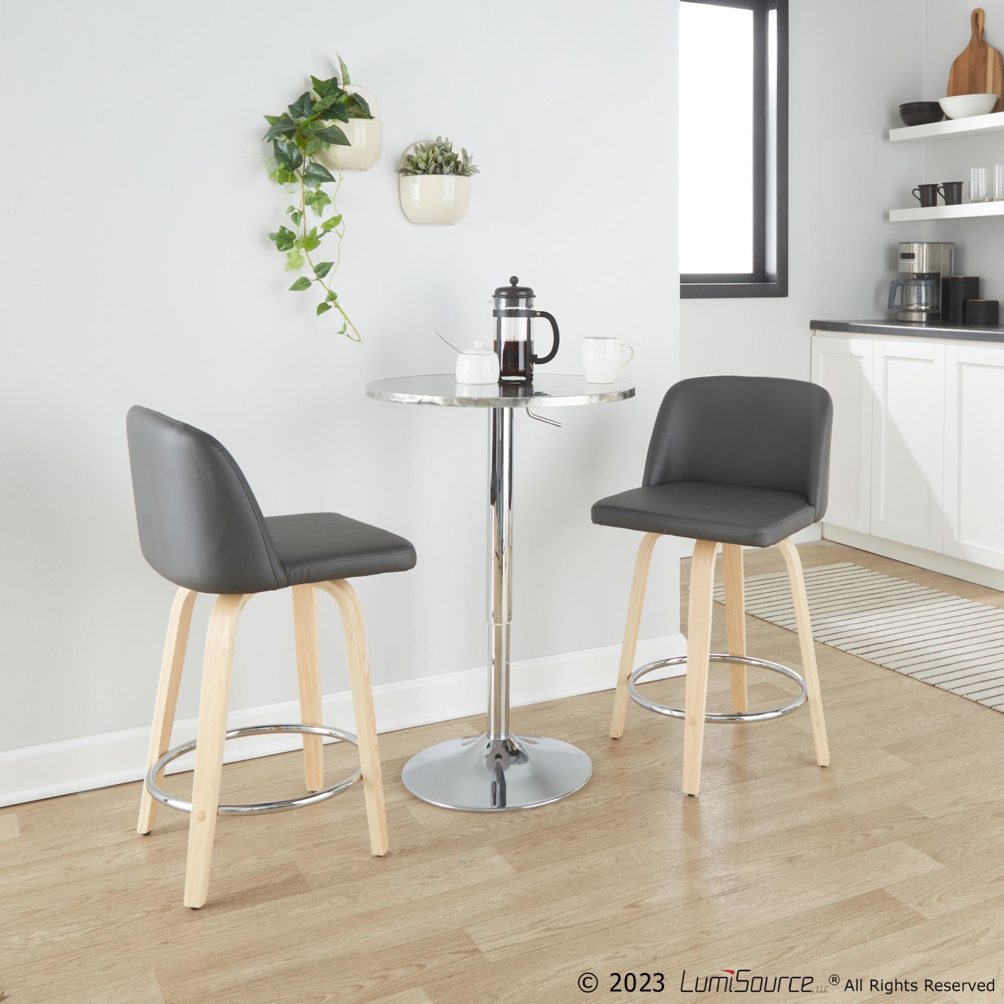 Toriano 24-Inch Contemporary Swivel Counter Stool in Natural Wood and Grey Faux Leather (Set of 2) (Set of 2) 2 Toriano 24-Inch Contemporary Swivel Counter Stool in Natural Wood and Grey Faux Leather (Set of 2) (Set of 2) - Image 2