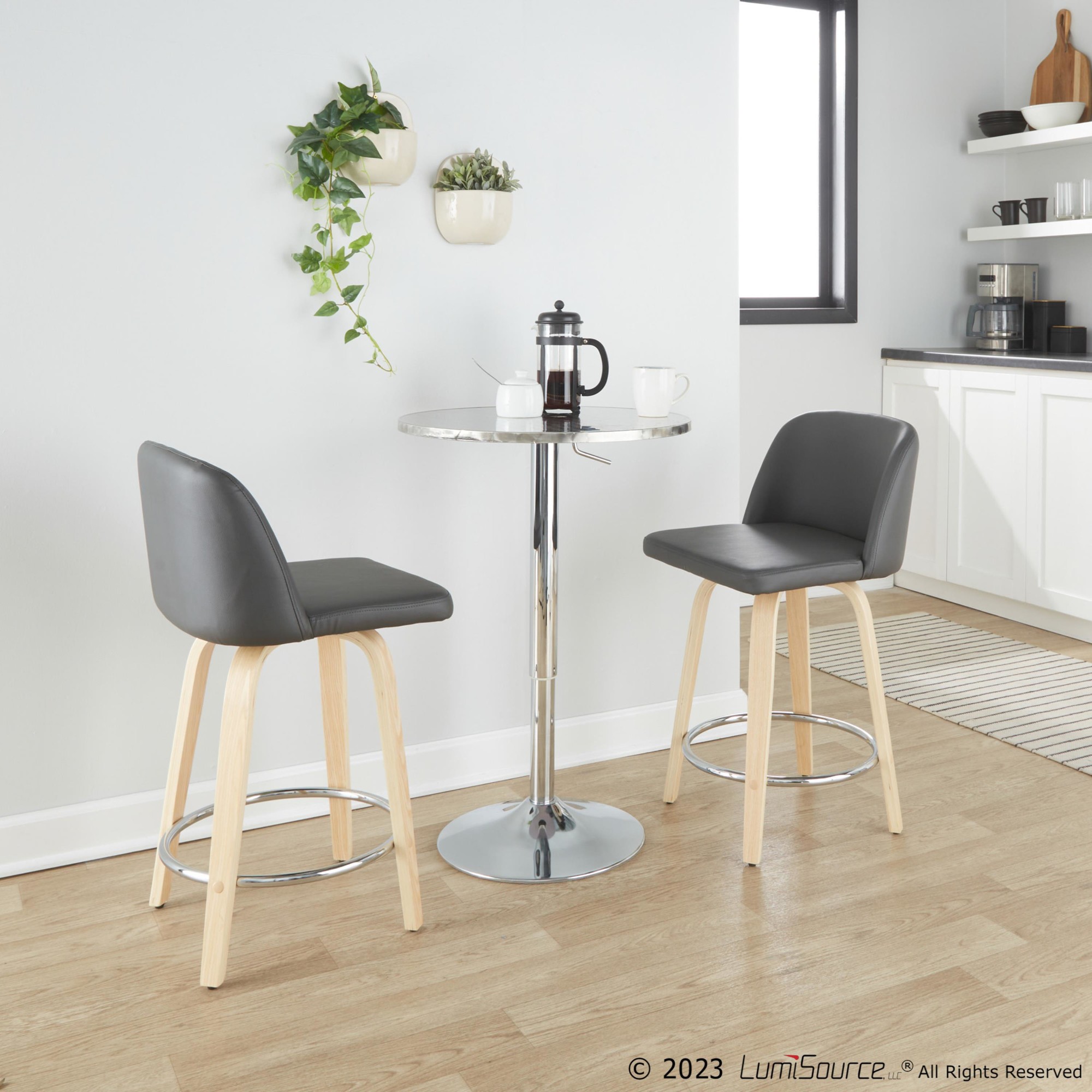 Toriano 24-Inch Contemporary Swivel Counter Stool in Natural Wood and Grey Faux Leather (Set of 2) (Set of 2) 1 Toriano 24-Inch Contemporary Swivel Counter Stool in Natural Wood and Grey Faux Leather (Set of 2) (Set of 2)