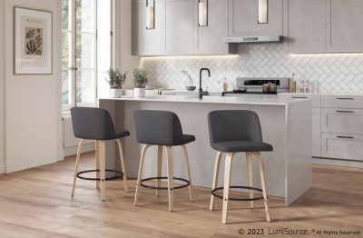 Toriano 24-Inch Contemporary Swivel Counter Stool in Natural Wood and Grey Faux Leather with Footrest (Set of 2) (Set of 2)