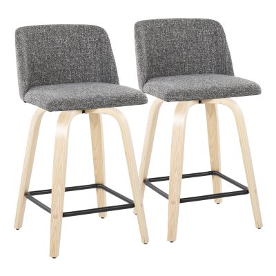 Toriano 24-Inch Contemporary Swivel Counter Stools in Natural Wood and Grey Fabric with Footrest (Set of 2) (Set of 2)