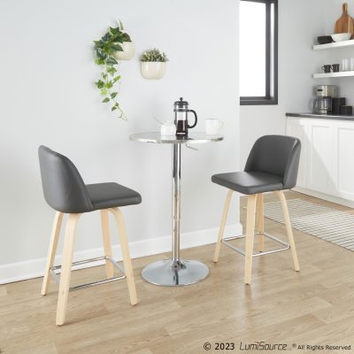 Toriano 24-Inch Contemporary Swivel Counter Stools in Natural Wood and Grey Faux Leather with Chrome Footrest (Set of 2) (Set of 2)