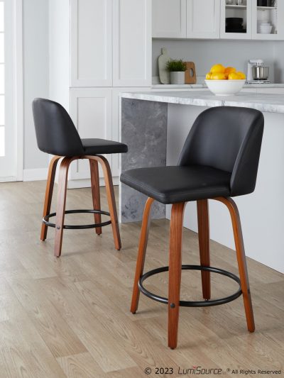 Toriano 24-Inch Mid-Century Modern Black Faux Leather Swivel Stools (Set of 2)