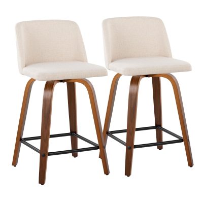 Toriano 24-Inch Mid-Century Modern Swivel Counter Stool in Walnut and Cream with Footrest (Set of 2) (Set of 2)