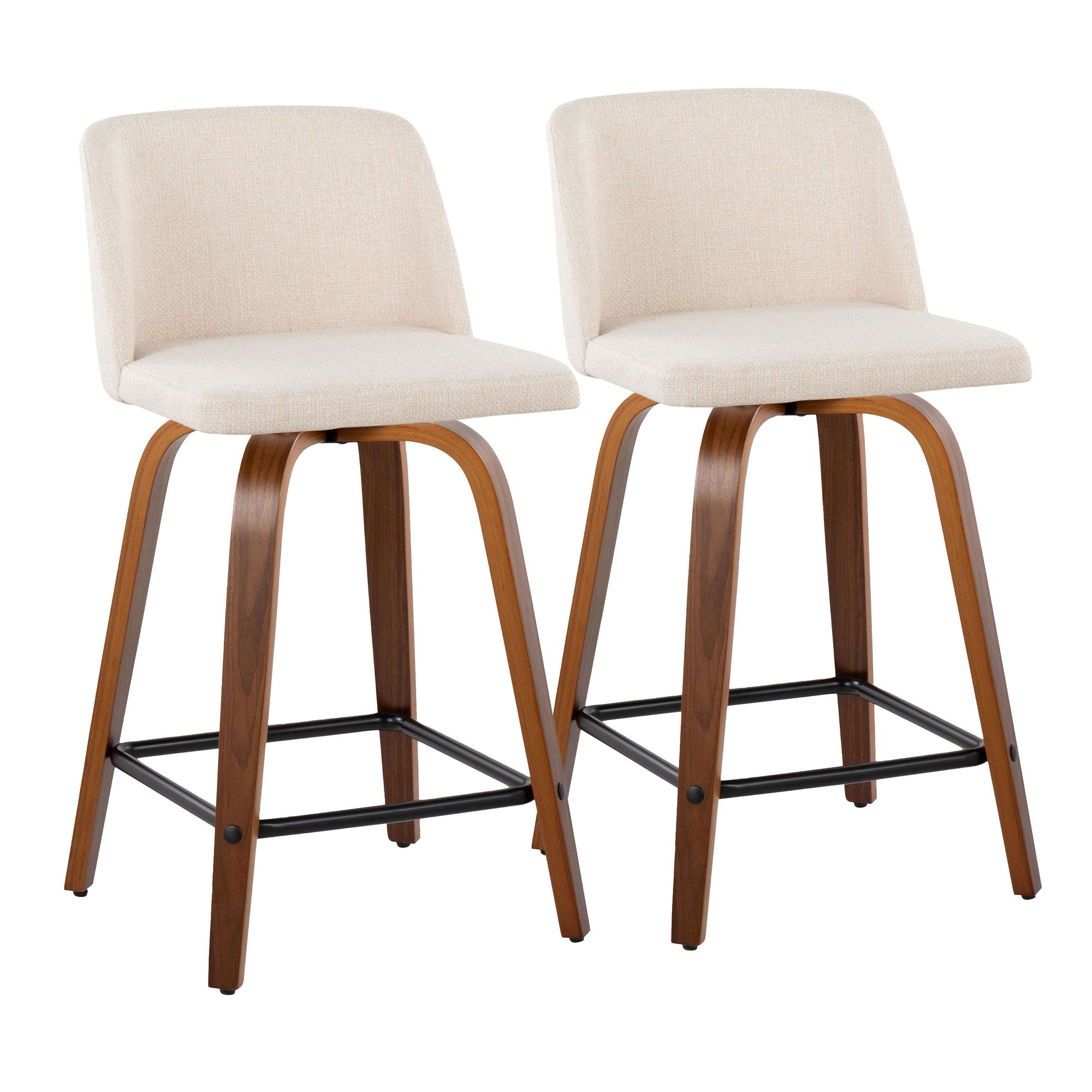 Toriano 24-Inch Mid-Century Modern Swivel Counter Stool in Walnut and Cream with Footrest (Set of 2) (Set of 2) 1 Toriano 24-Inch Mid-Century Modern Swivel Counter Stool in Walnut and Cream with Footrest (Set of 2) (Set of 2)
