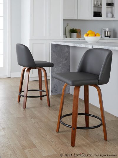 Toriano 24-Inch Mid-Century Modern Swivel Counter Stool in Walnut and Grey Faux Leather (Set of 2) (Set of 2)