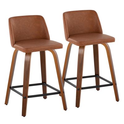Toriano 24 Inch Mid-Century Modern Swivel Counter Stools in Walnut and Camel Faux Leather with Footrest (Set of 2) (Set of 2)