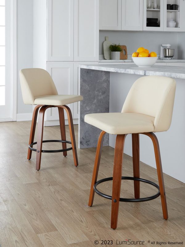Toriano 24 Inch Mid Century Modern Swivel Counter Stools in Walnut and Cream Faux Leather Set of 2 Set of 2 1