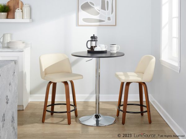 Toriano 24 Inch Mid Century Modern Swivel Counter Stools in Walnut and Cream Faux Leather Set of 2 Set of 2 2