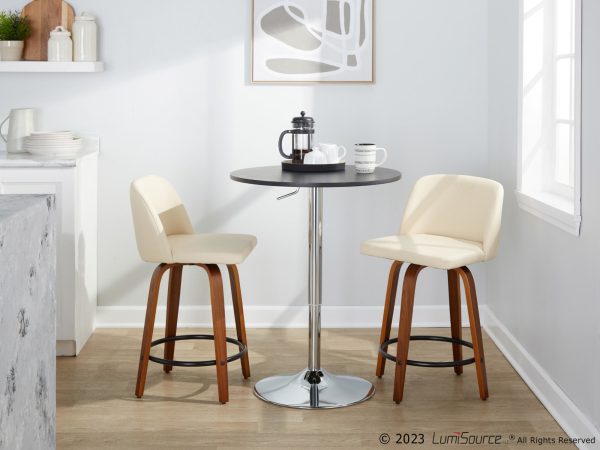 Toriano 24 Inch Mid Century Modern Swivel Counter Stools in Walnut and Cream Faux Leather Set of 2 Set of 2 3
