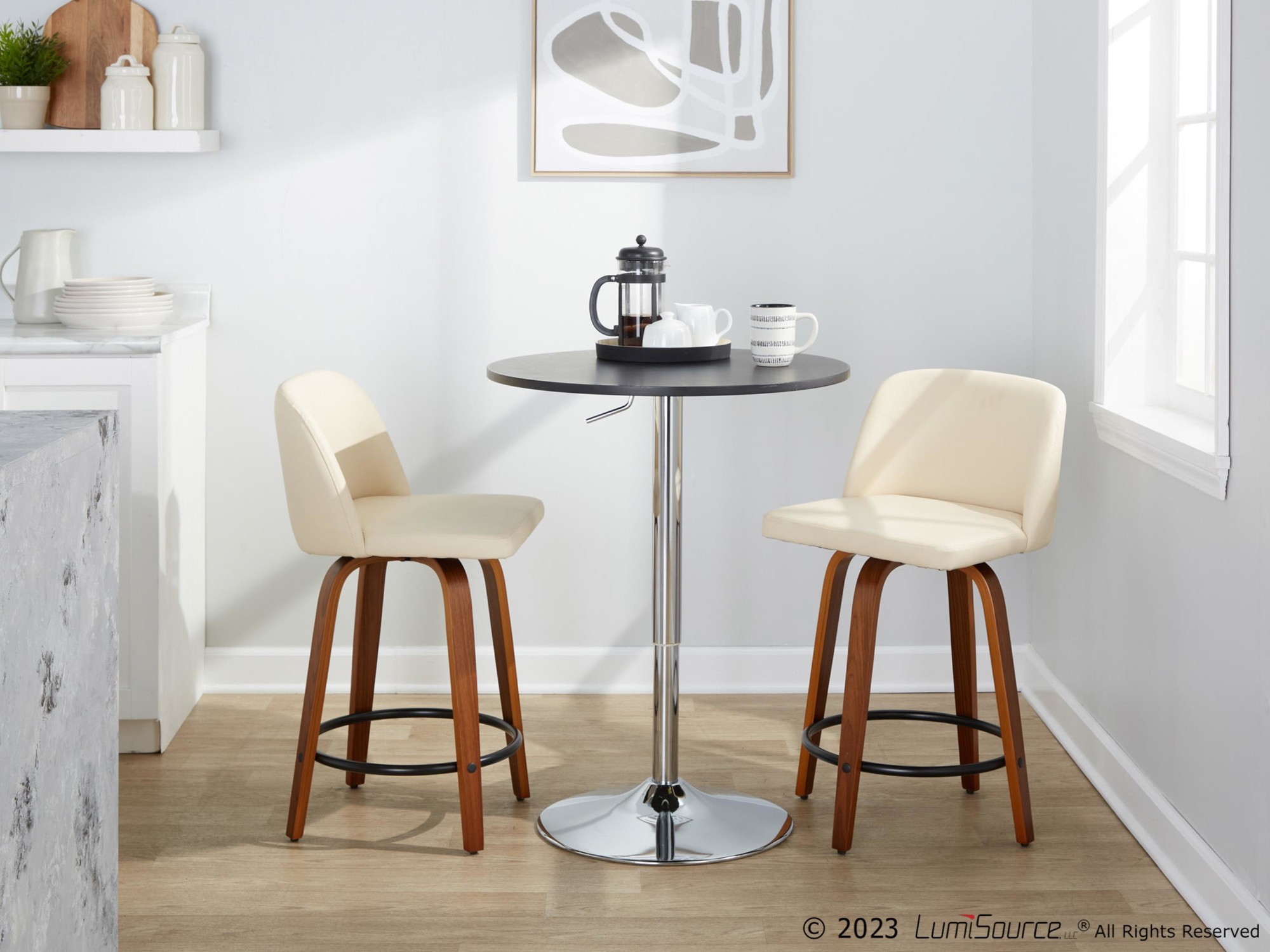 Toriano 24-Inch Mid-Century Modern Swivel Counter Stools in Walnut and Cream Faux Leather (Set of 2) (Set of 2) 4 Toriano 24-Inch Mid-Century Modern Swivel Counter Stools in Walnut and Cream Faux Leather (Set of 2) (Set of 2) - Image 4