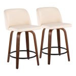 Toriano 24-Inch Mid-Century Modern Swivel Counter Stools in Walnut and Cream Faux Leather (Set of 2) (Set of 2)
