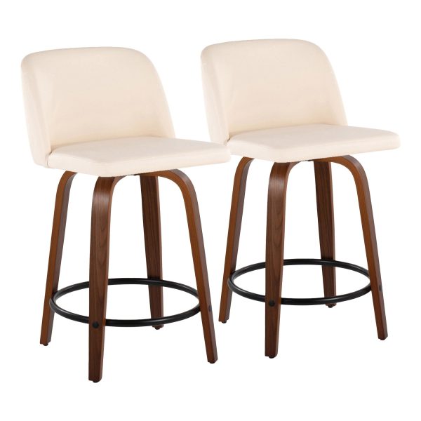 Toriano 24 Inch Mid Century Modern Swivel Counter Stools in Walnut and Cream Faux Leather Set of 2 Set of 2 4