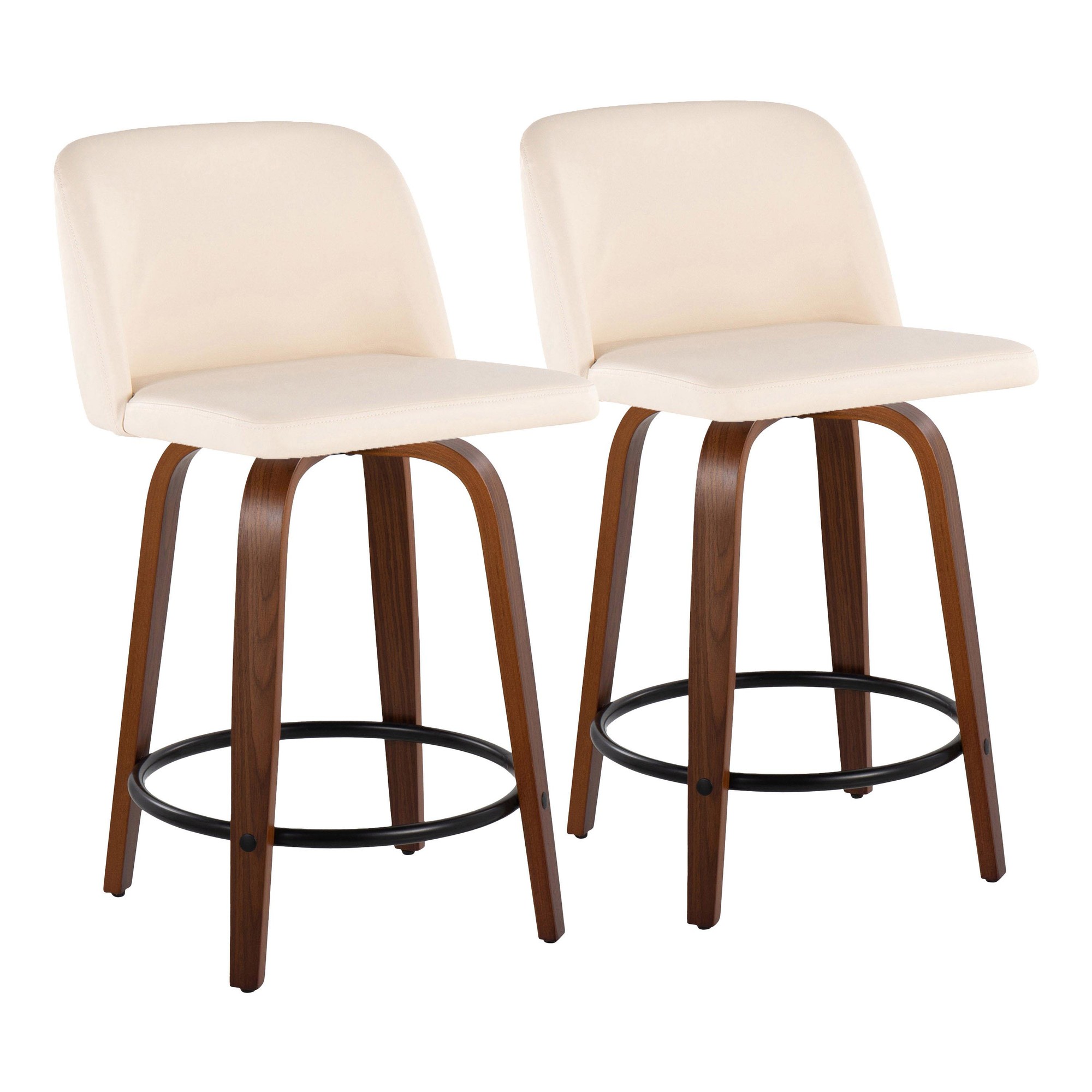 Toriano 24-Inch Mid-Century Modern Swivel Counter Stools in Walnut and Cream Faux Leather (Set of 2) (Set of 2) 5 Toriano 24-Inch Mid-Century Modern Swivel Counter Stools in Walnut and Cream Faux Leather (Set of 2) (Set of 2) - Image 5