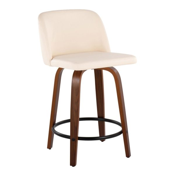 Toriano 24 Inch Mid Century Modern Swivel Counter Stools in Walnut and Cream Faux Leather Set of 2 Set of 2 5