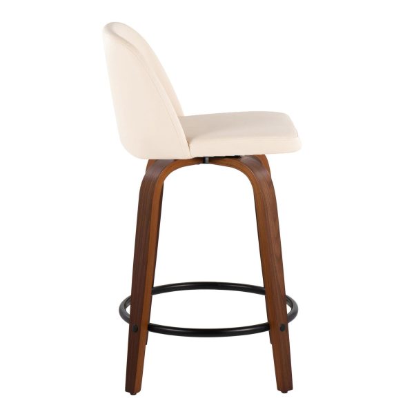 Toriano 24 Inch Mid Century Modern Swivel Counter Stools in Walnut and Cream Faux Leather Set of 2 Set of 2 6