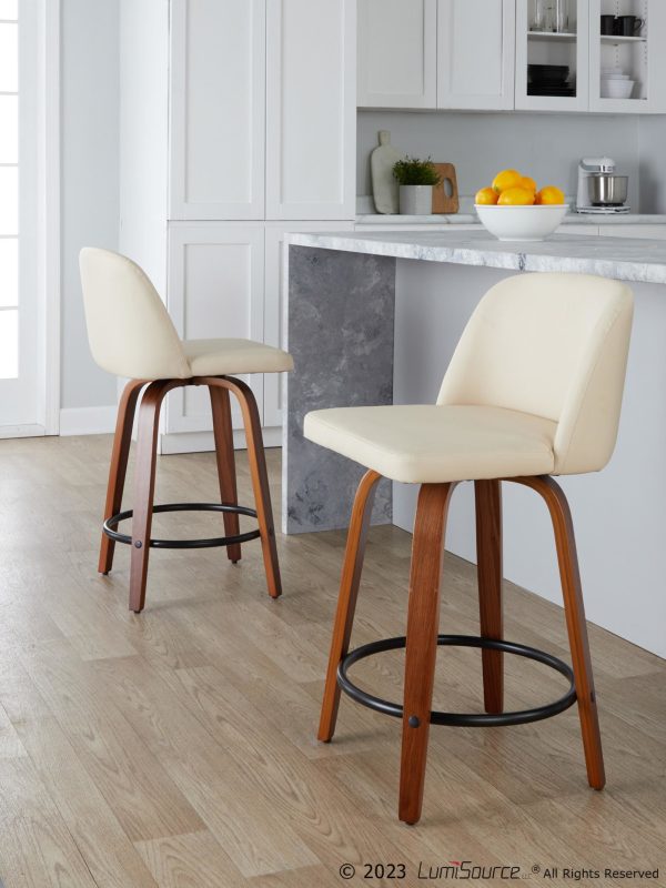 Toriano 24 Inch Mid Century Modern Swivel Counter Stools in Walnut and Cream Faux Leather Set of 2 Set of 2