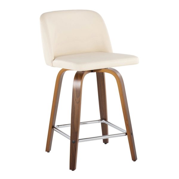 Toriano 24 Inch Mid Century Modern Walnut Cream Swivel Counter Stools Set of 2 1
