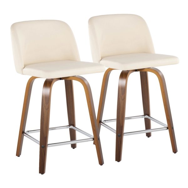 Toriano 24 Inch Mid Century Modern Walnut Cream Swivel Counter Stools Set of 2