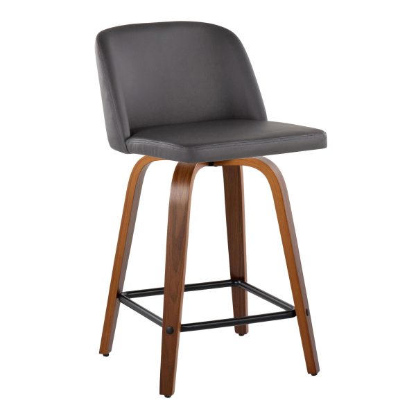 Toriano 24 Inch Mid Century Modern Walnut Grey Swivel Stools Set of 2 1